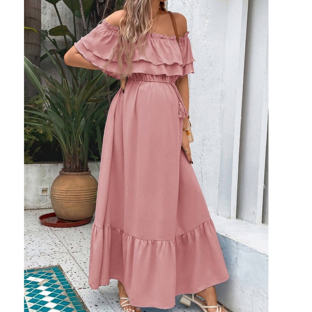 Maternity Off Shoulder ruffle Hem Stretchy Waist Maxi Dress - Picture 4 of 8
